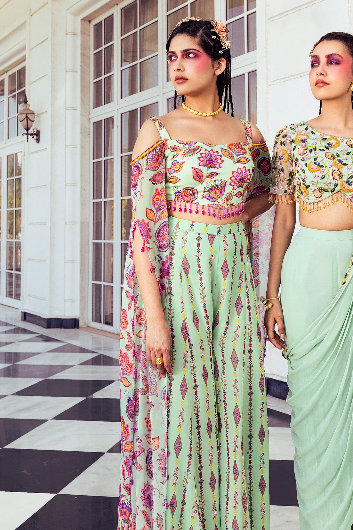 Buy Teal Sharara And Crop Top Set With Colorful Resham, Cut Dana And Moti  Embroidered Spring Blooms KALKI Fashion India